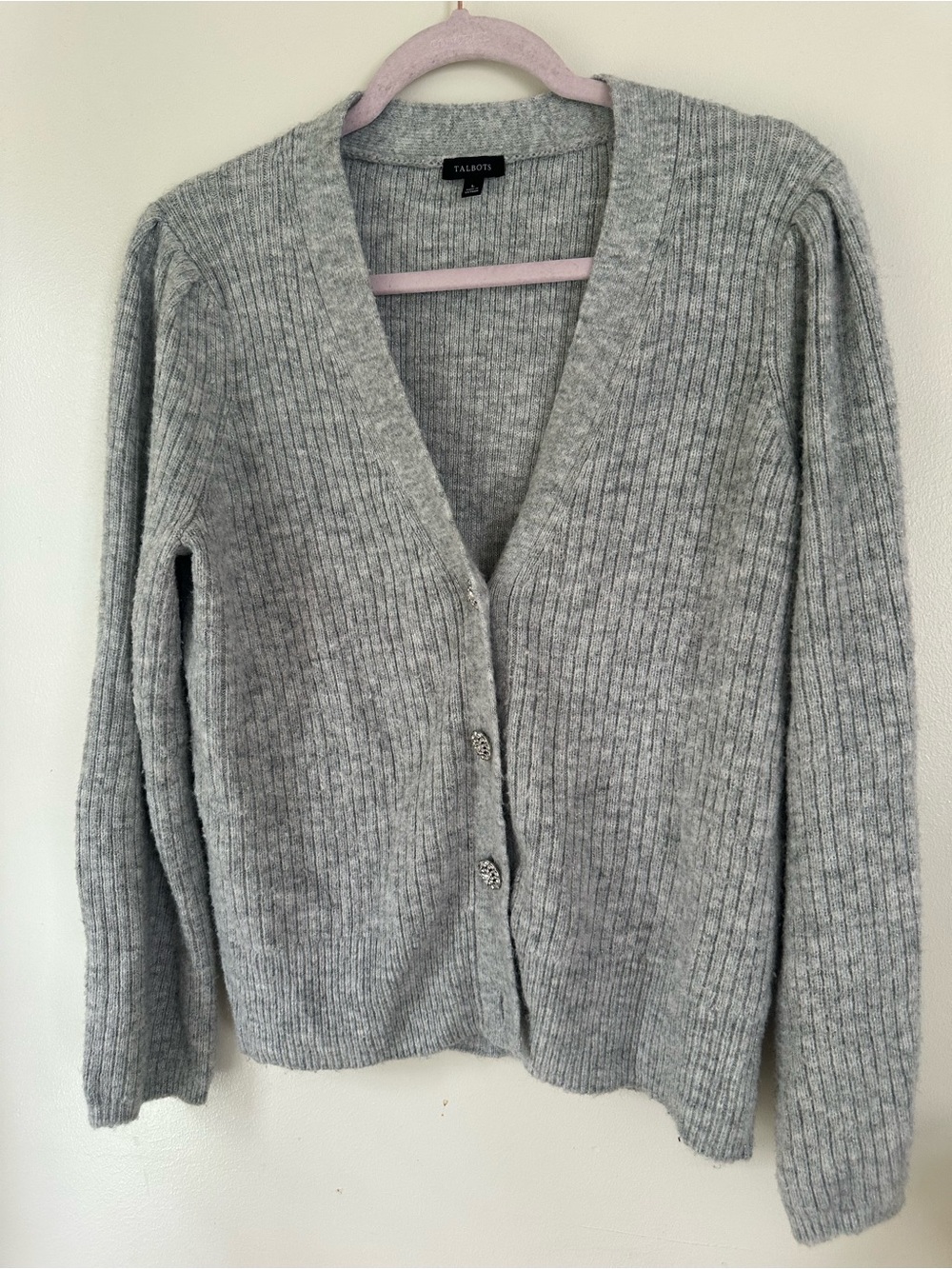Talbots Gray Ribbed Knit Cardigan Sweater Rhinestone Buttons Wool Blend M